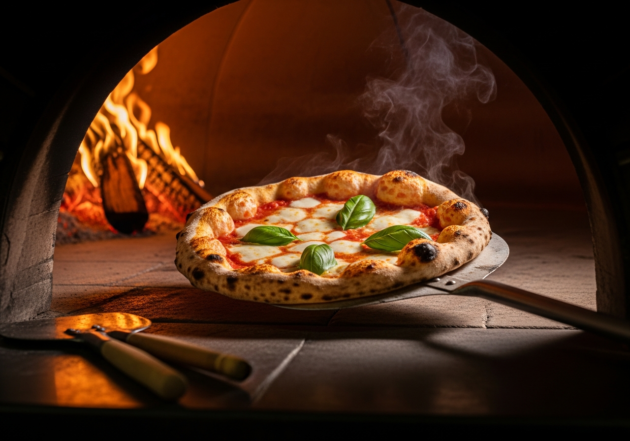 Artisan pizza preparation in a wood-fired oven